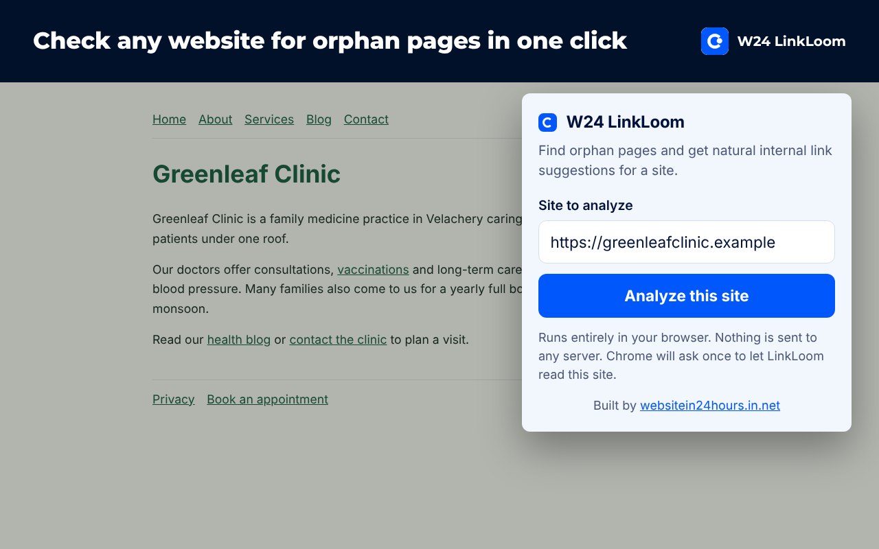 LinkLoom toolbar popup with the site address and Analyze this site button