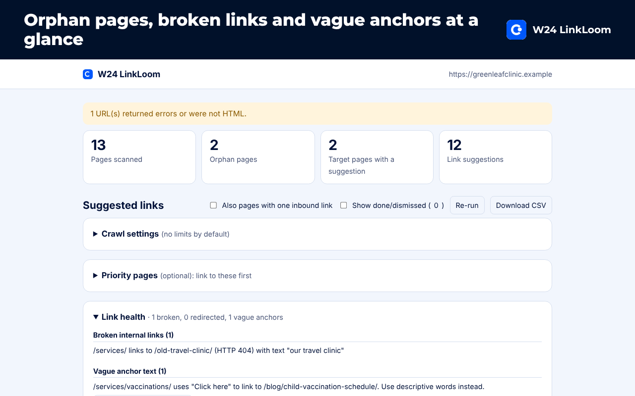 Results summary with pages scanned, orphan pages and link health