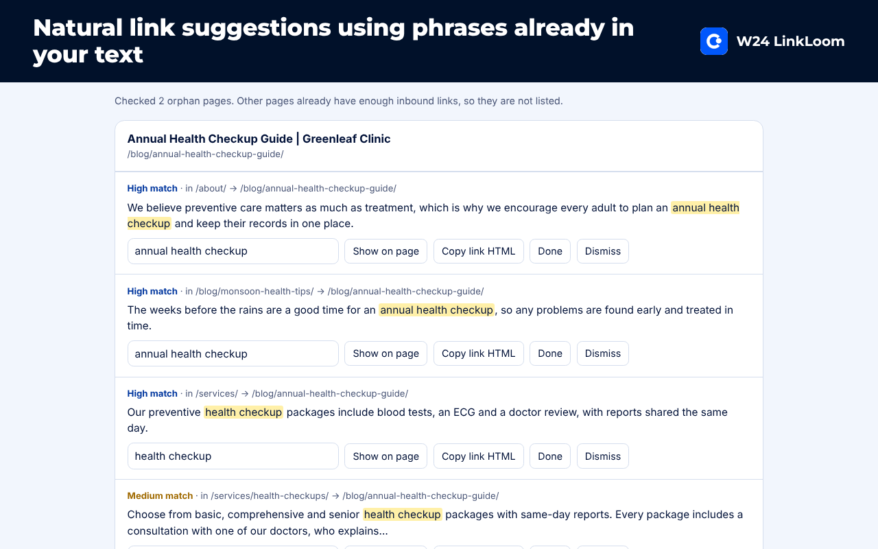 LinkLoom showing link suggestions with the anchor phrase highlighted in each source paragraph