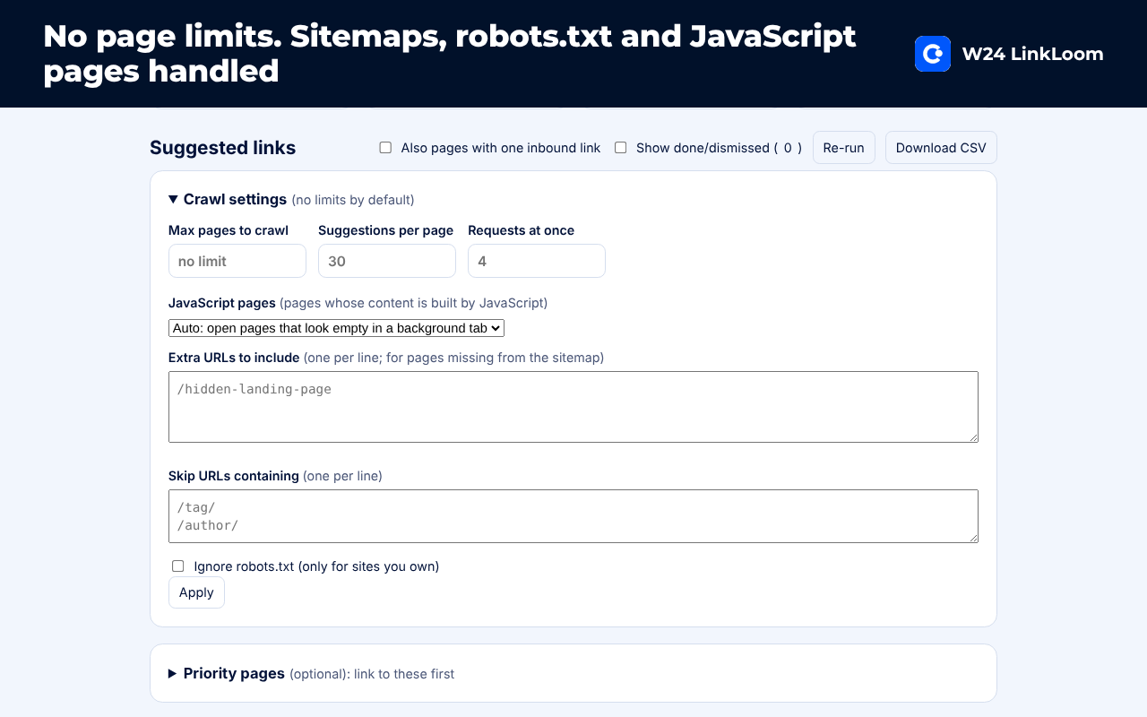 Crawl settings with page limit, JavaScript pages and extra URLs