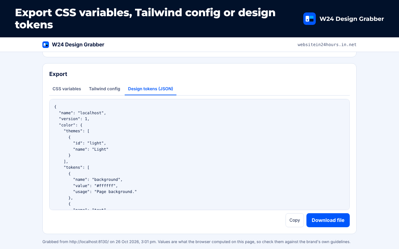 Export CSS, Tailwind or design tokens.