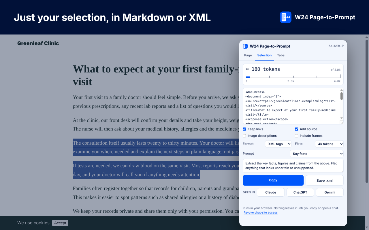 Just your selection, in Markdown or XML.