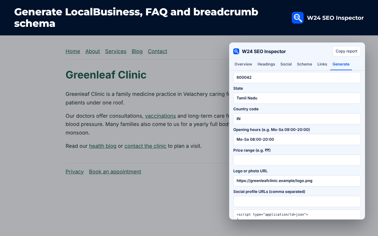 Generate LocalBusiness, FAQ and breadcrumb schema.